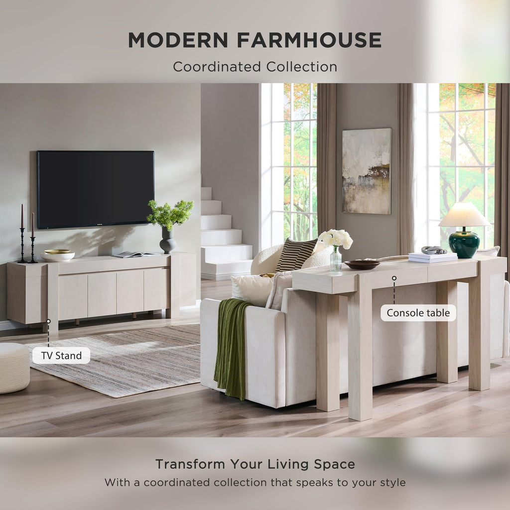 70" Modern Farmhouse TV Stand for TVs up to 80 Inch, White Alder