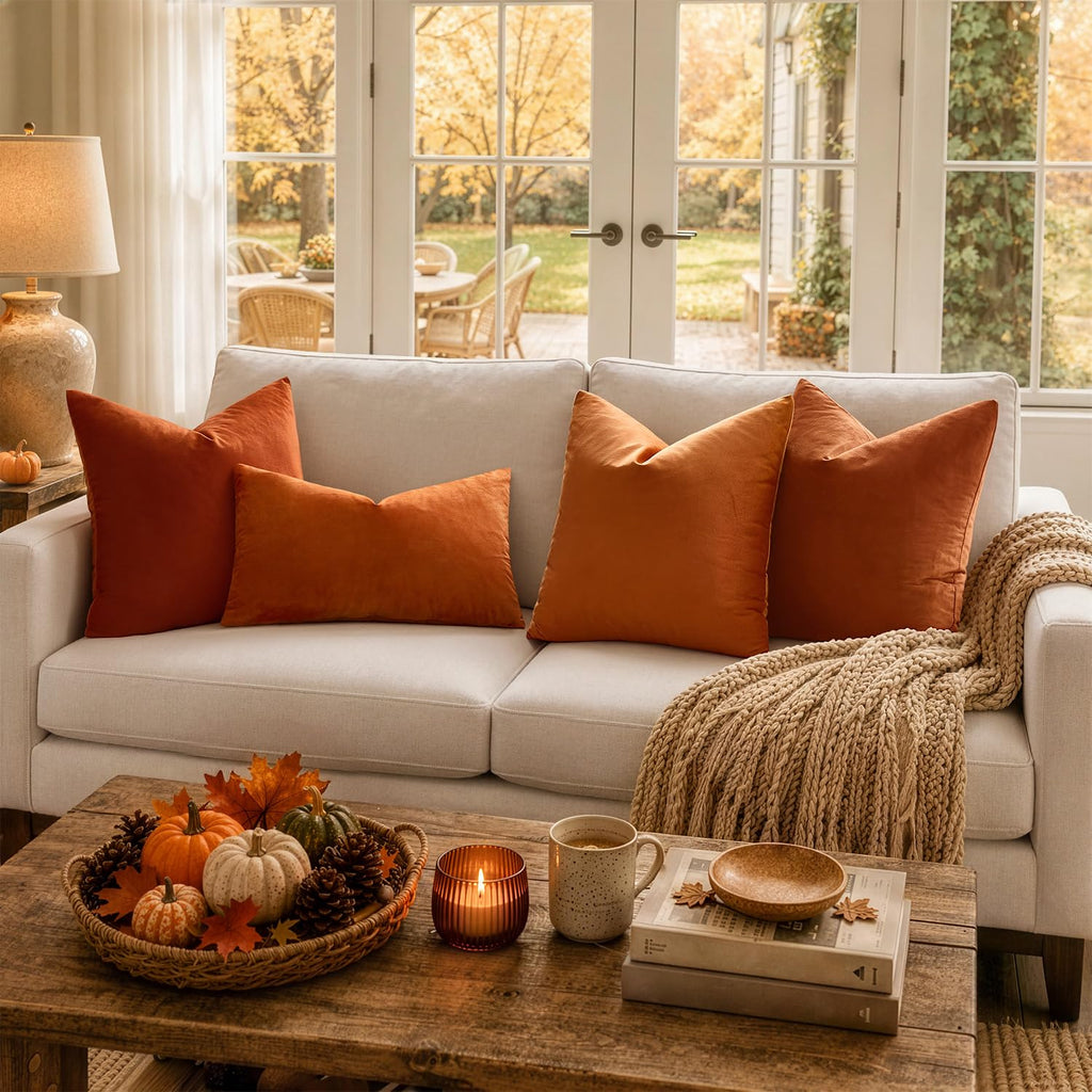 Velvet Fall Throw Pillow Covers 16x16 Inch Pack of 2 Orange