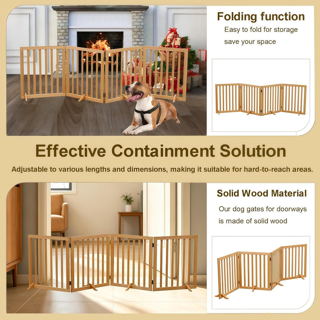 Wooden Foldable Dog Gate Freestanding 4 Panels Puppy Safety Fence-Brown