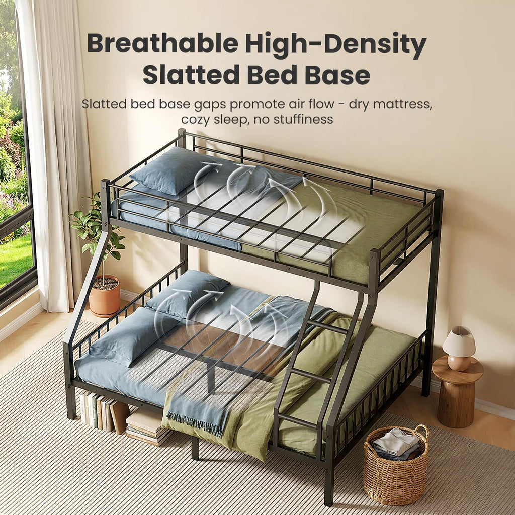 Heavy Duty Twin XL Over Queen Bunk Bed, Metal Steel Bed Frame with EVA-Padded Angled Ladder & Full-Length Guardrails