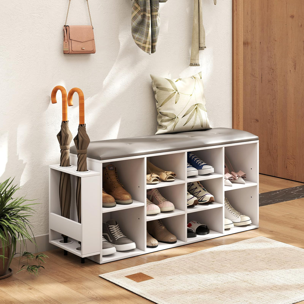 Shoe Storage Bench with Umbrella Stand, 10-Cube Entryway Bench with Adjustable Shelf & Padded Cushion, Cubby Shoe