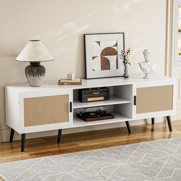 TV Stand with Rattan Doors for TVs up to 65", Mid-Century, White