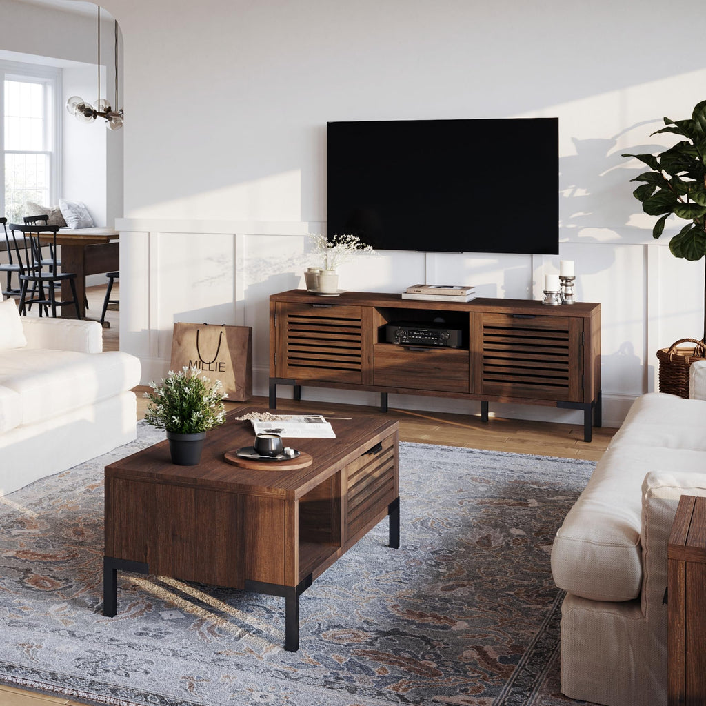Millie Solid Wood TV Stand for TVs up to 65 Inches, Modern Farmhouse TV Stand with Rustic Charm, TV Stands, Chestnut