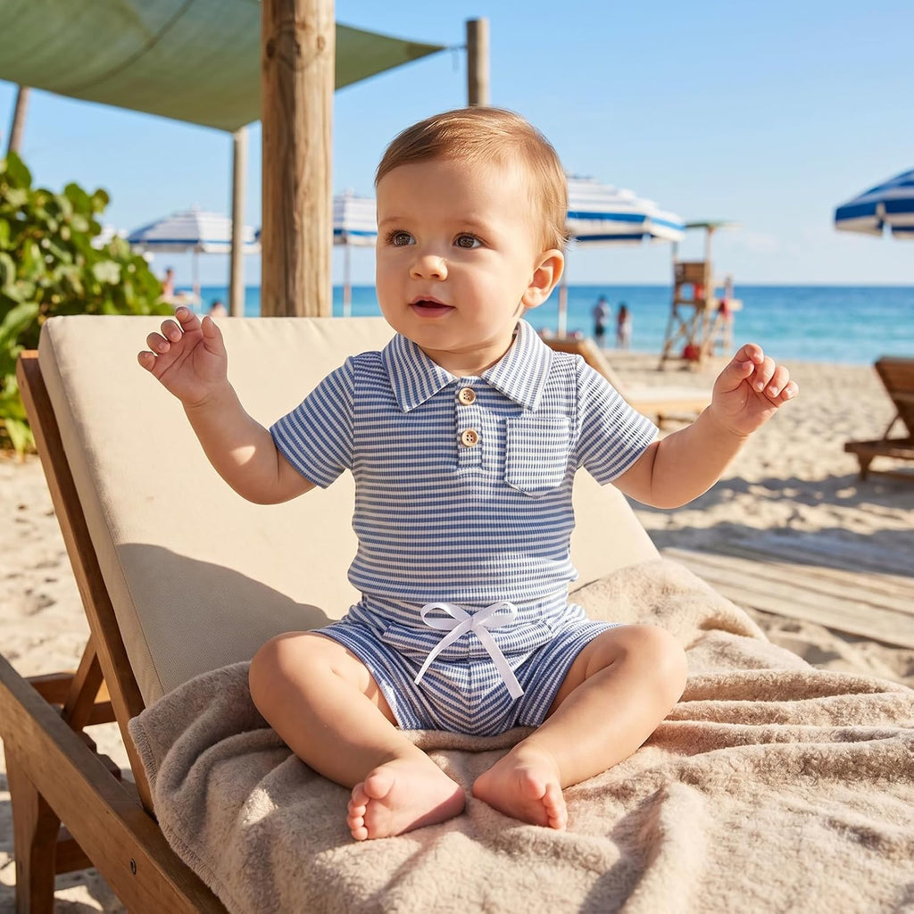 Newborn Baby Boy Summer Clothes Short Sleeve Top and Stripe Shorts Set 2 Piece Baby Boy Summer Waffle Outfit