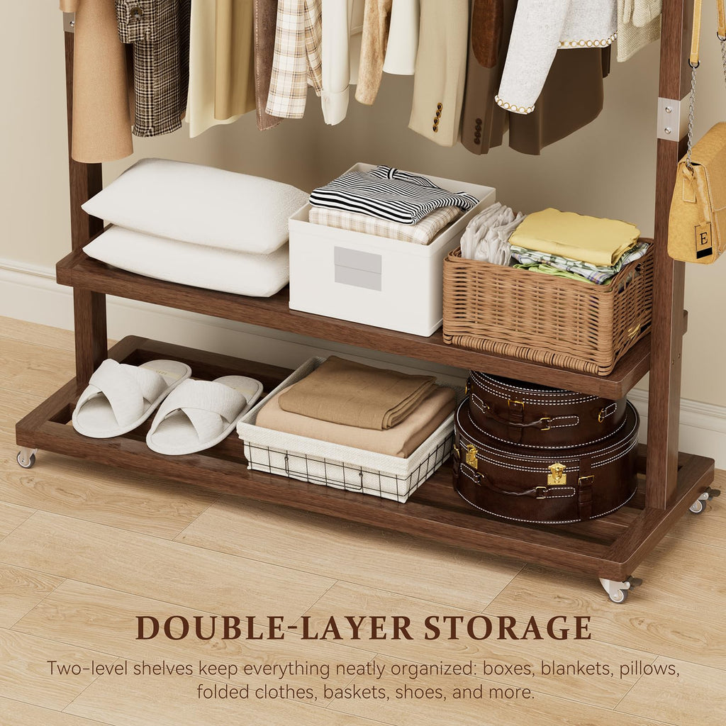 Wood Clothing Rack Solid Wood Clothes rack with Wheels 2 Shelves