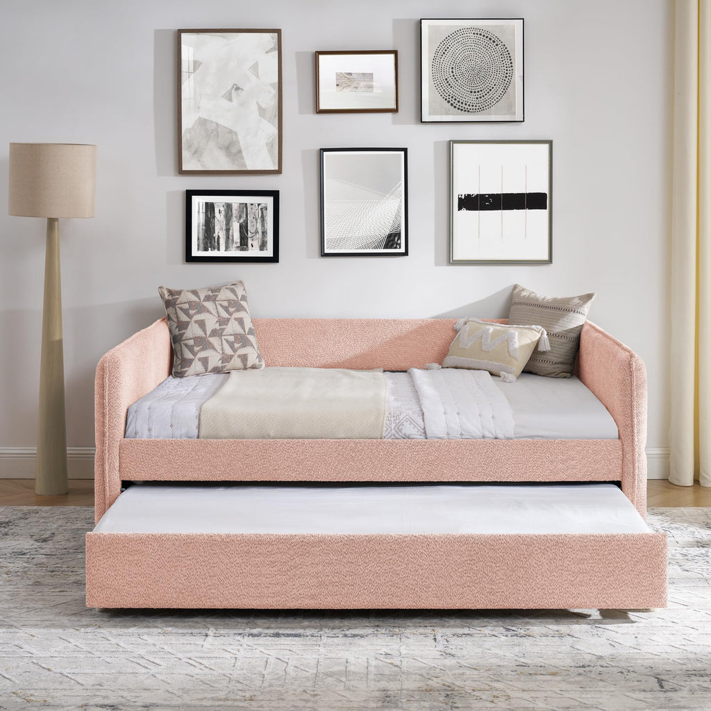 Full Size Upholstery Tufted Daybed with Erectable Trundle, Pink
