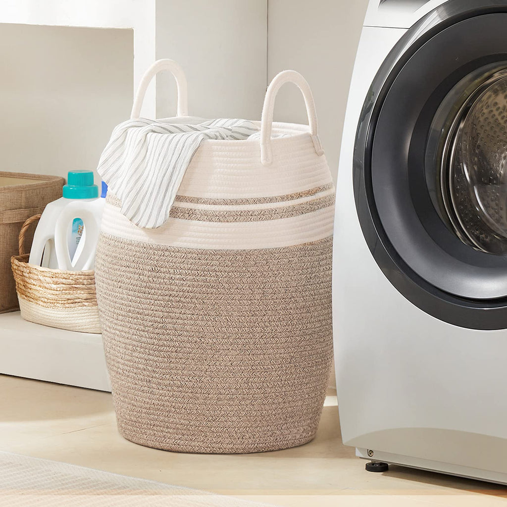 Extra Large Laundry Hamper Basket 105L Woven Blanket Basket, Brown & White