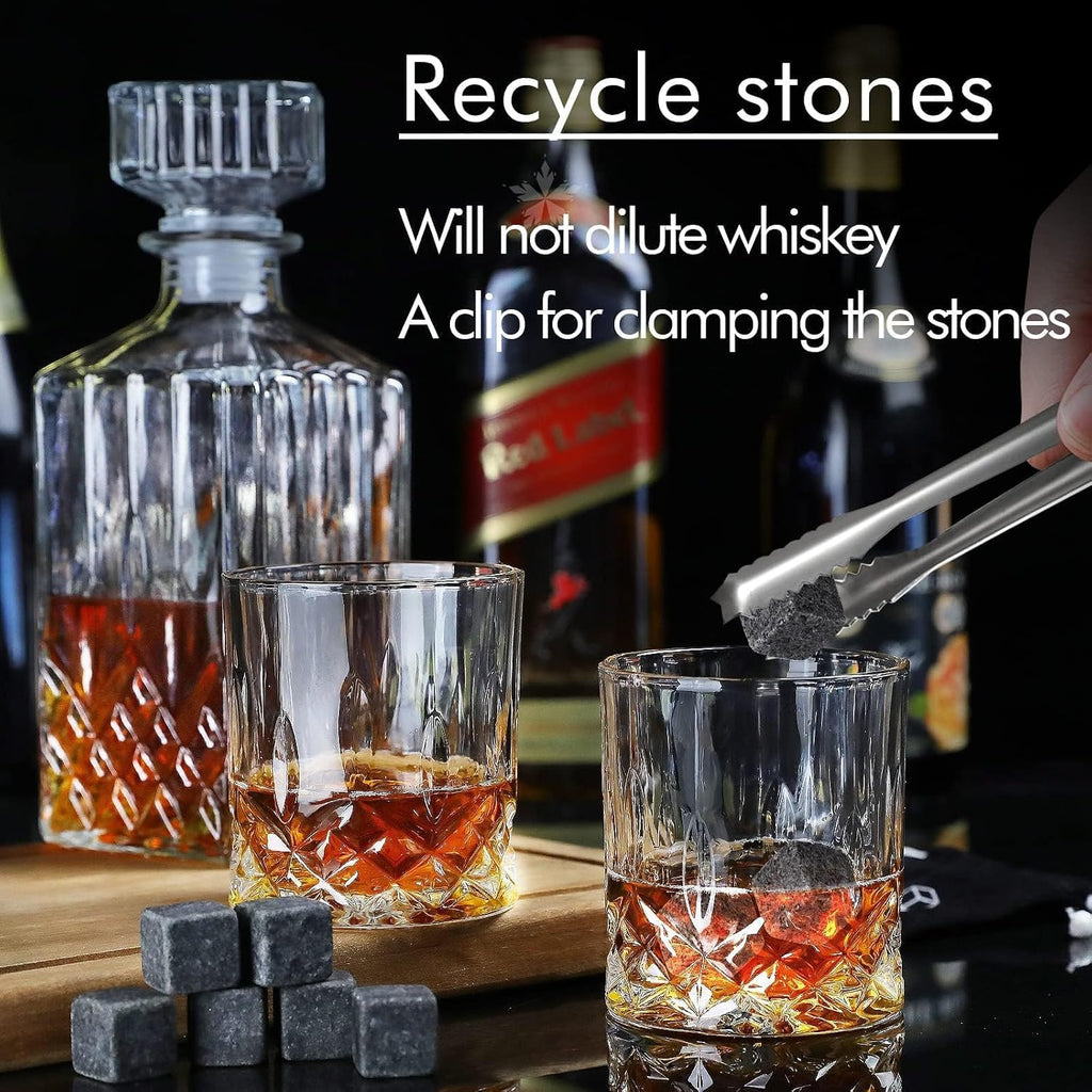 Whiskey Decanter Set for Men, Whiskey Glasses and Decanter with Cooling Stones Clear Glass Whisky Liquor Decanter Set - Set of 7