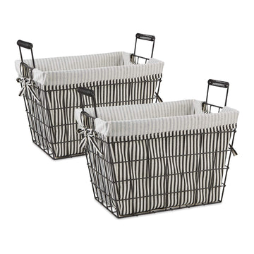 Metal Farmhouse Lined Basket, Contemporary Storage Container, Ticking Stripe, Assorted