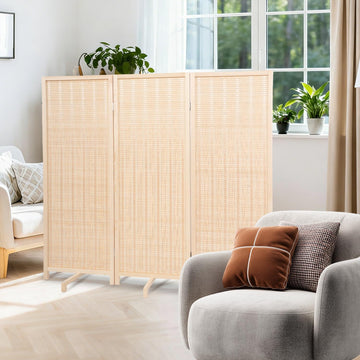 Bamboo Room Divider 3 Panel 47" H, 360°Rotating Feet Privacy Screen, Beige