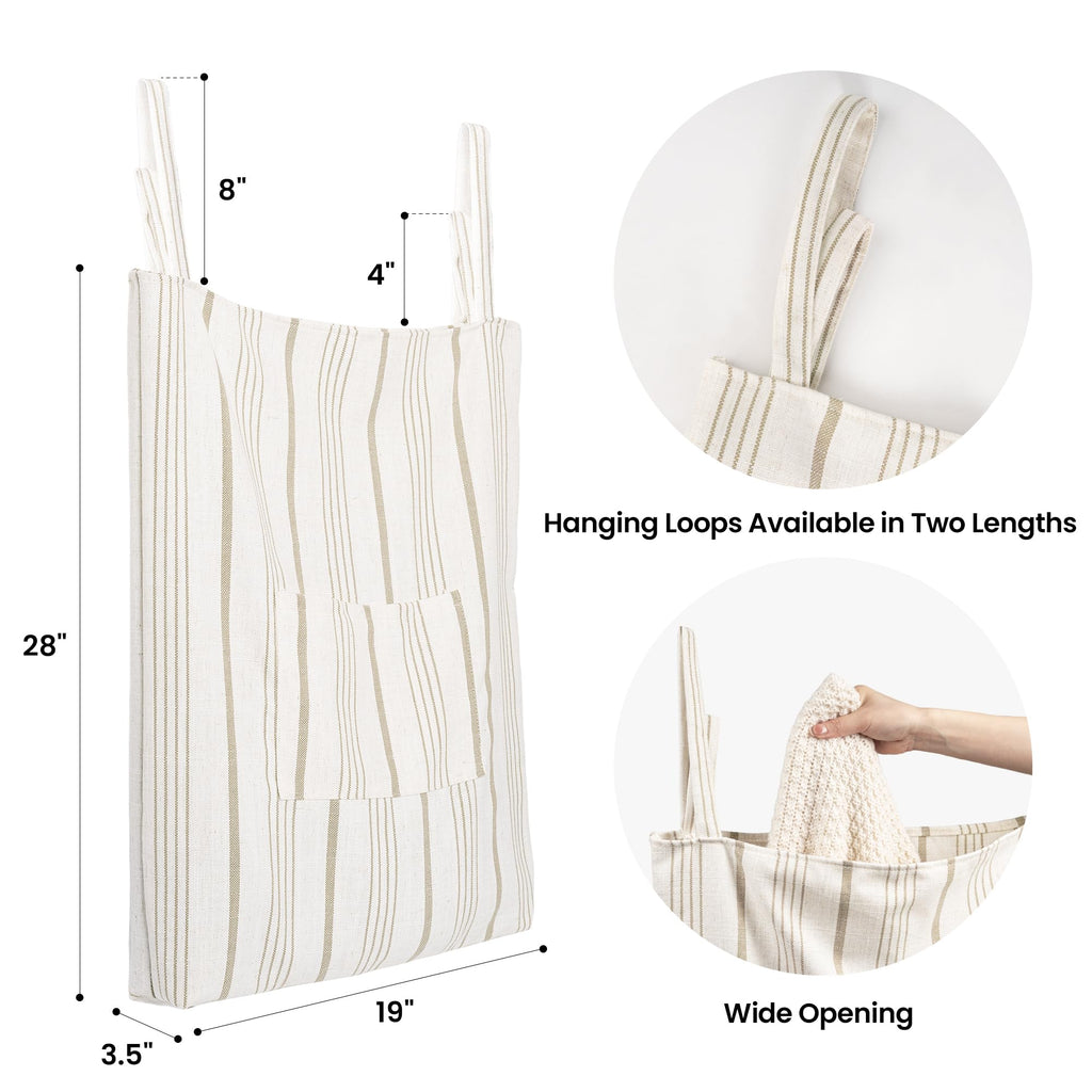 Farmhouse Hanging Laundry Hamper with 2 Hooks, Boho Beige & Light Brown Stripes Laundry Bag with Zipper & Wide Open