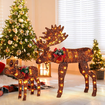 2-Piece 3D Lighted Christmas Moose Family Set, Pre-Lit Deer Xmas Decoration with LED Lights, Ground Stakes and Zip