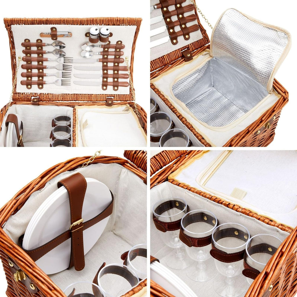 Picnic Basket for 4 People - 18.1 x 12.2 x 10.2 Inches, Brown, Classic - Complete Wicker Picnic Basket Set with