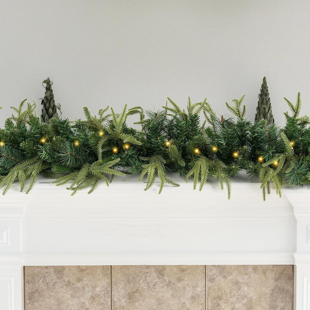 Prelit Christmas Garland 9ft with 50 LED Lights, Battery Opreated Christmas Decor Timer for Mantle Staircase Indoor