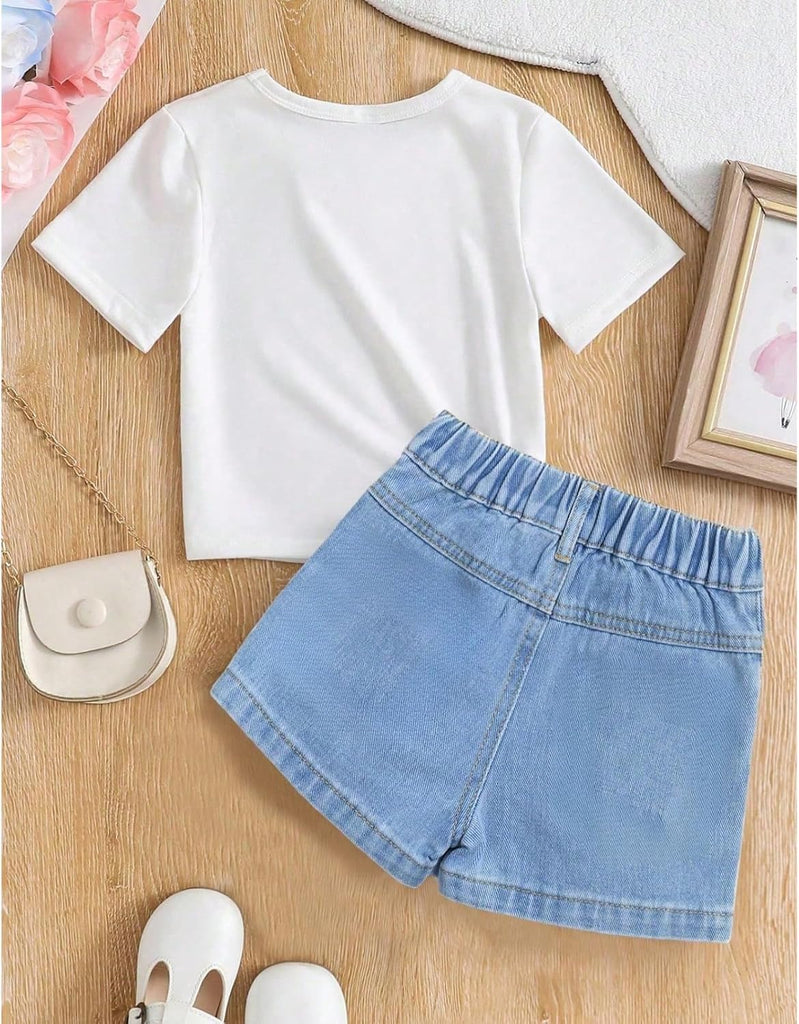 Girls Clothes 2PCS Butterfly Print Short Sleeve T-Shirt Denim Skirt Shorts Set Teen Tween Girls Summer Outfits Set