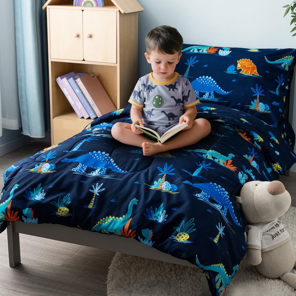 4 Piece Toddler Bedding Set - Soft Breathable Toddler Bedding Set for Boys Girls, Includes Quilted Comforter, Flat
