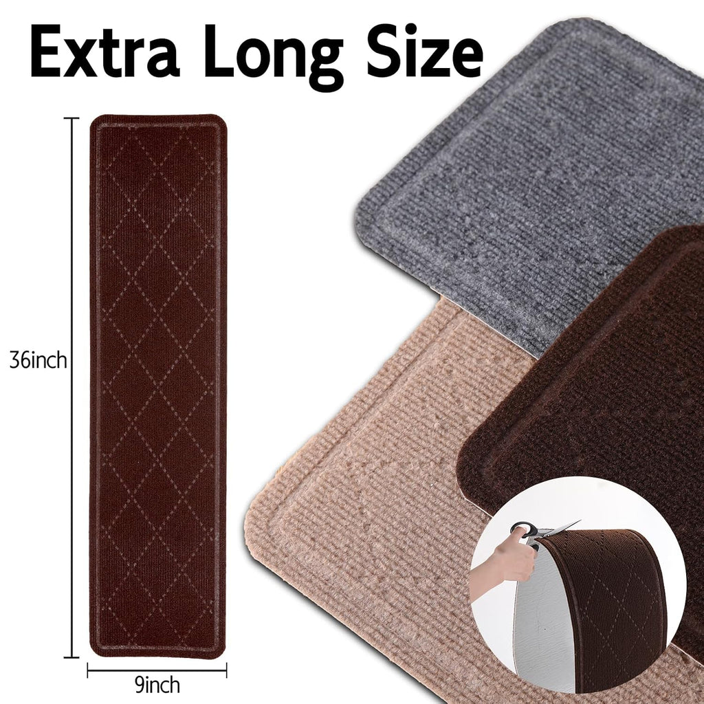 9" x 36" Carpet Stair Treads for Wooden Steps Indoor 15 Pack, Brown | Non Slip Stair Runners for Wood Stair with