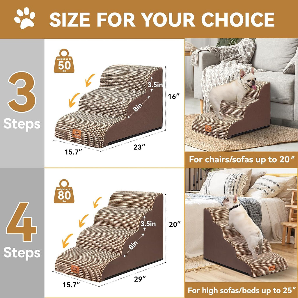 Dog Ramp and Stairs for Bed, Coffee 3 Steps 16" H, Nonslip Cover