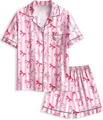 Girls Pajamas Satin Pajama Set Silk Pjs Short Sleeve Button Down Summer Bow Sleepwear for Big Kids