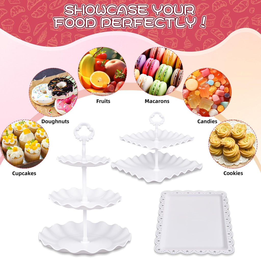 12-Pack Dessert Table Display Set, 6 Cupcake Stands and 6 Dessert Trays, Plastic Dessert Display Stands and Cake