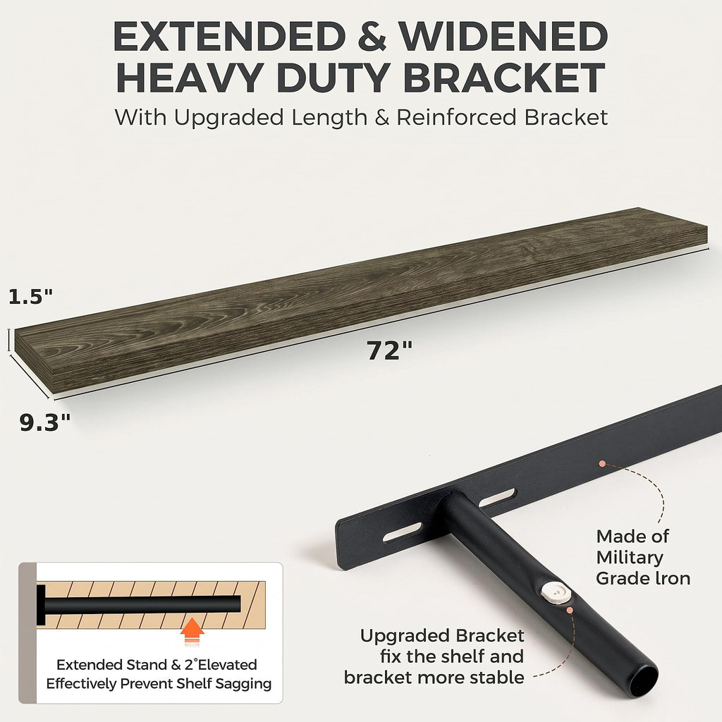 72in Floating Shelves, 9.25" Deep x 1.5" Thick Floating Shelves for Wall, Wooden Shelves, 2 Packs, Grey Oak