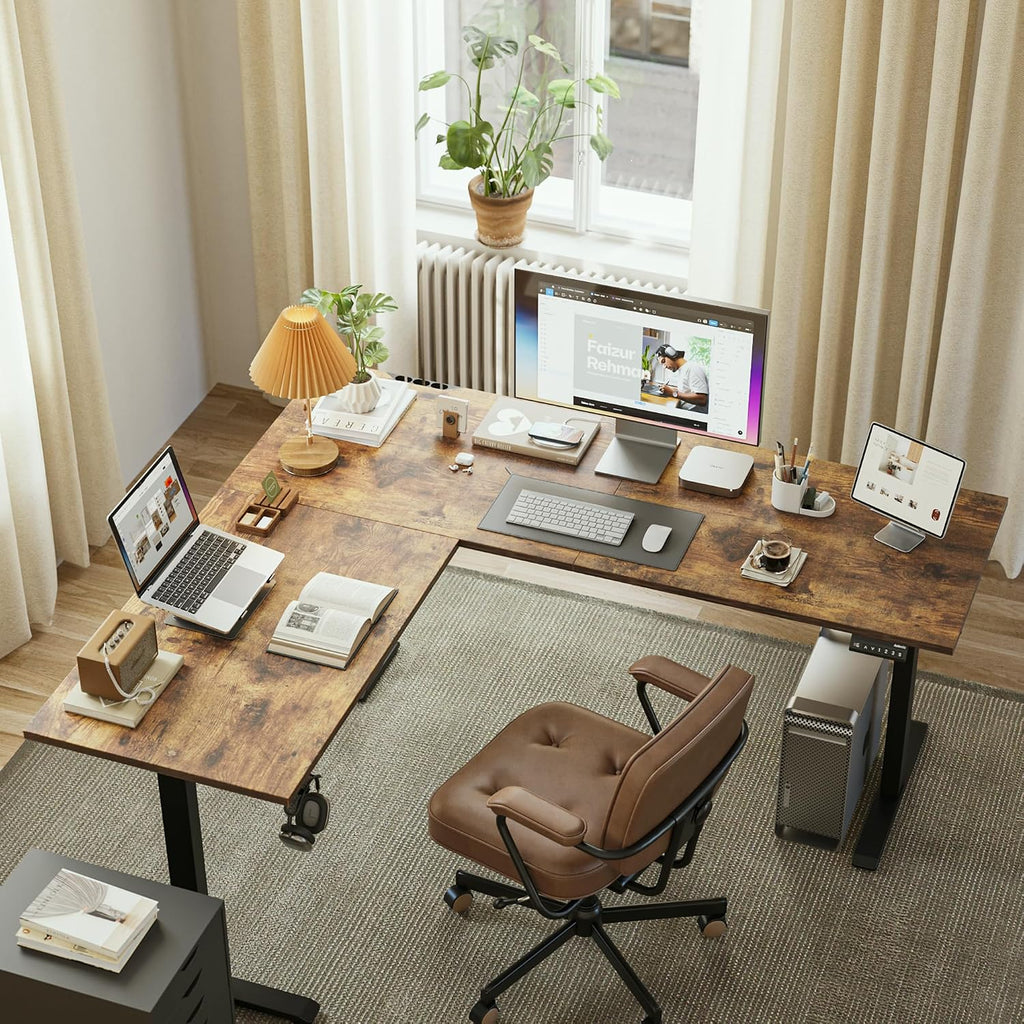 63 x 55 Inch L Shaped Electric Standing Desk, Rustic Brown | Corner Desk, Ample Workspace, Memory Presets, Hooks