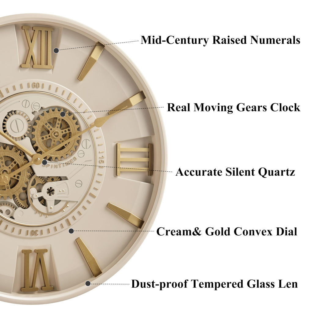 Mid Century Modern 24 Inch Moving Gear Walll Clock, Ivory &Gold