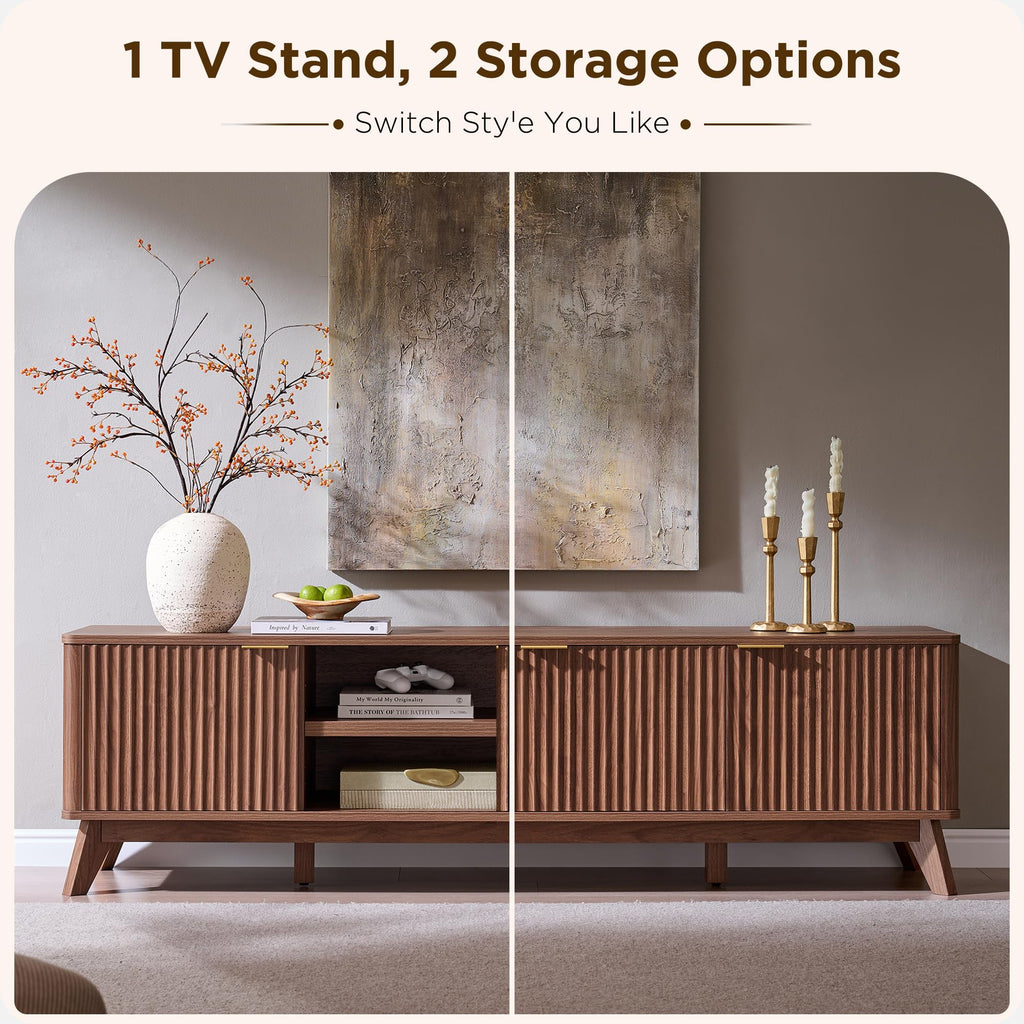 70" Mid Century Modern Fluted TV Stand, 4-Door Storage, Light Walnut