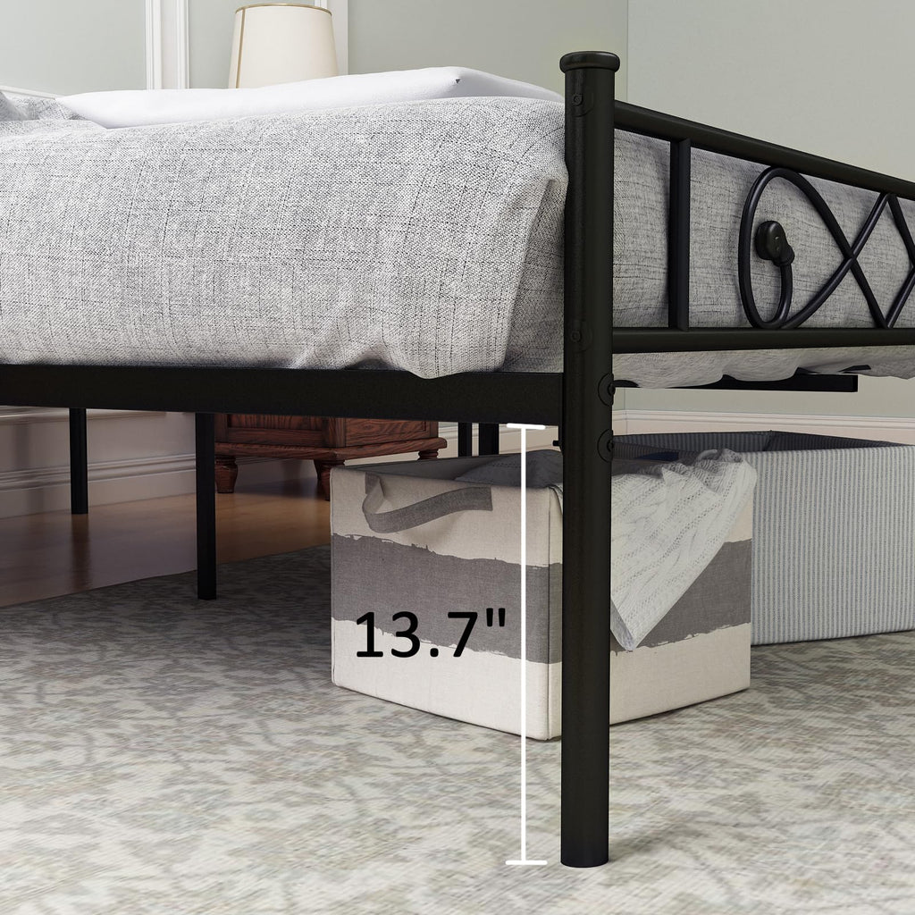 Queen Size Metal Bed Frame with Headboard, Black, Victorian