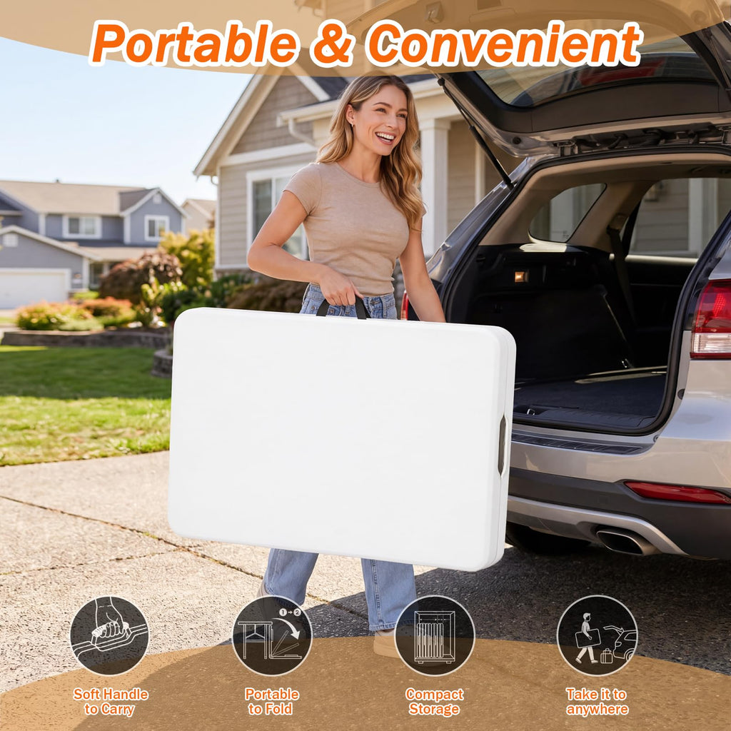6FT Portable Folding Table, White Square Card Table with Carrying Handle & No Assembly, Slim Folding Table Built in