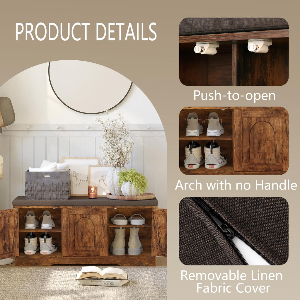 Shoe Storage Bench with Cushion, Door, Rustic Brown 39.4"LX17.7"H