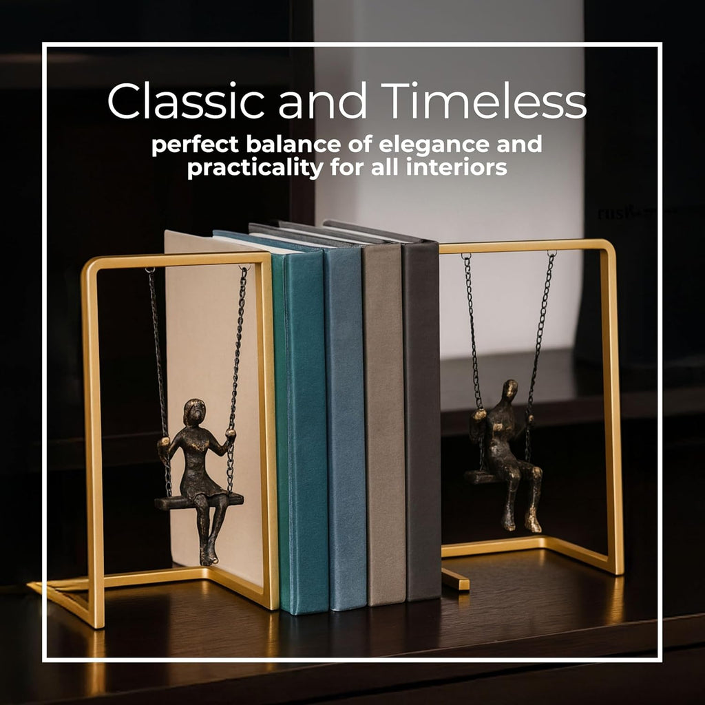 Set of 2 Swinging People Decorative Bookends - Modern Shelf Decor Accents with Gold Metallic Frame - Stylish and
