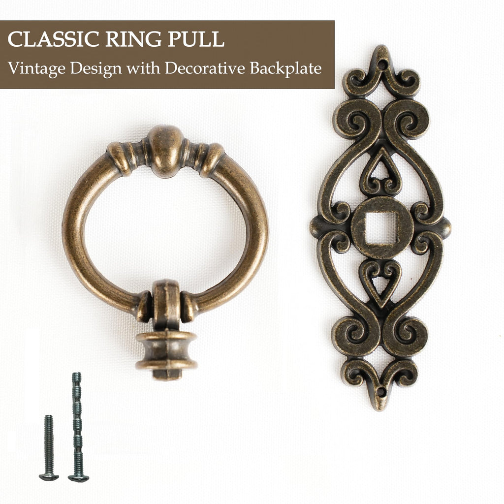 Antique Bronze Ring Pull Handles 8 Pack, Single Hole Drawer Pulls