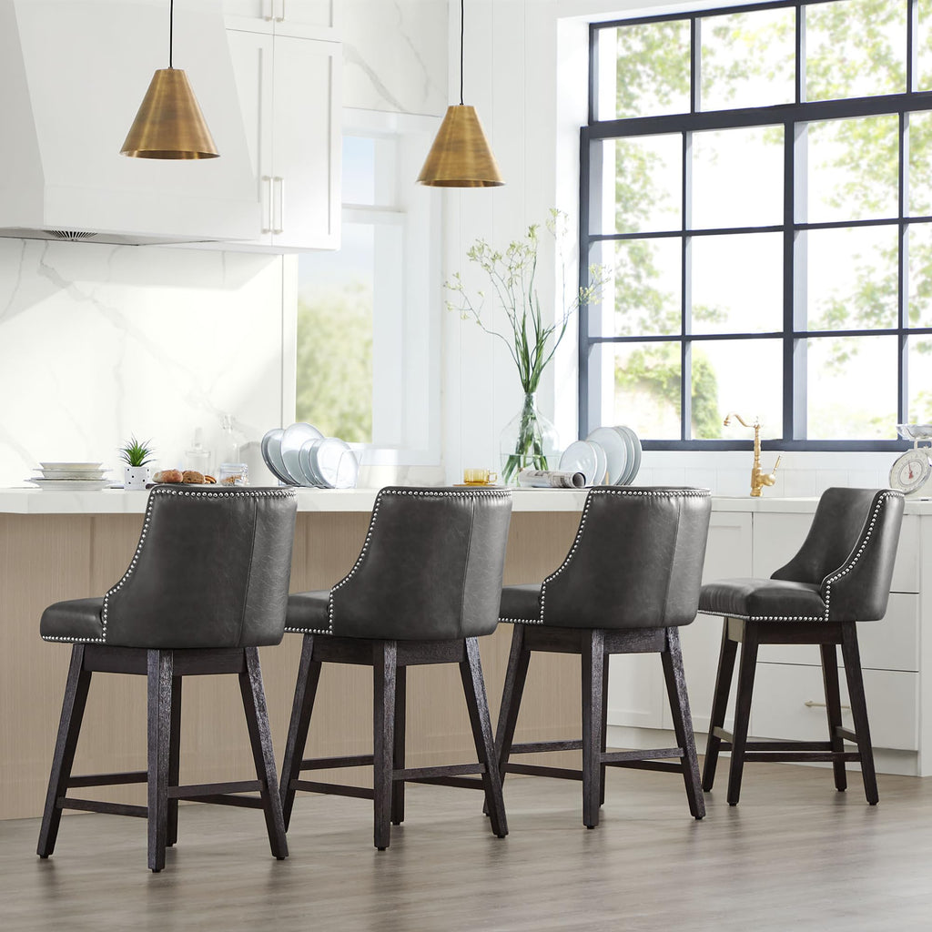 26" Counter Height Swivel Bar Stools, Retro Grey Faux Leather, 2-Pack