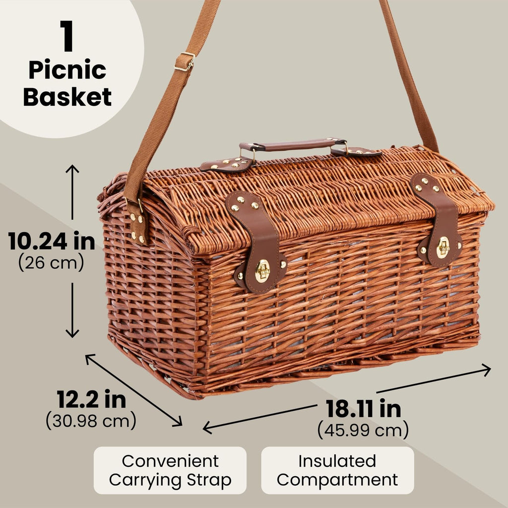 Picnic Basket for 4 People - 18.1 x 12.2 x 10.2 Inches, Brown, Classic - Complete Wicker Picnic Basket Set with
