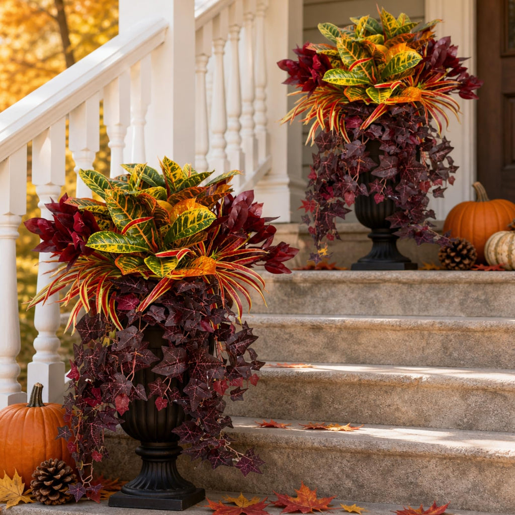 Fall Artificial Croton Plants Fake Greenery for Outdoor Porch Planters