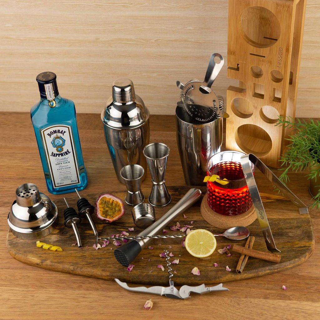 Mixology Bartender Kit 16-Piece Premium Stainless Steel Cocktail Shaker Set & Stylish Bamboo Stand | Perfect Home - Set of 15
