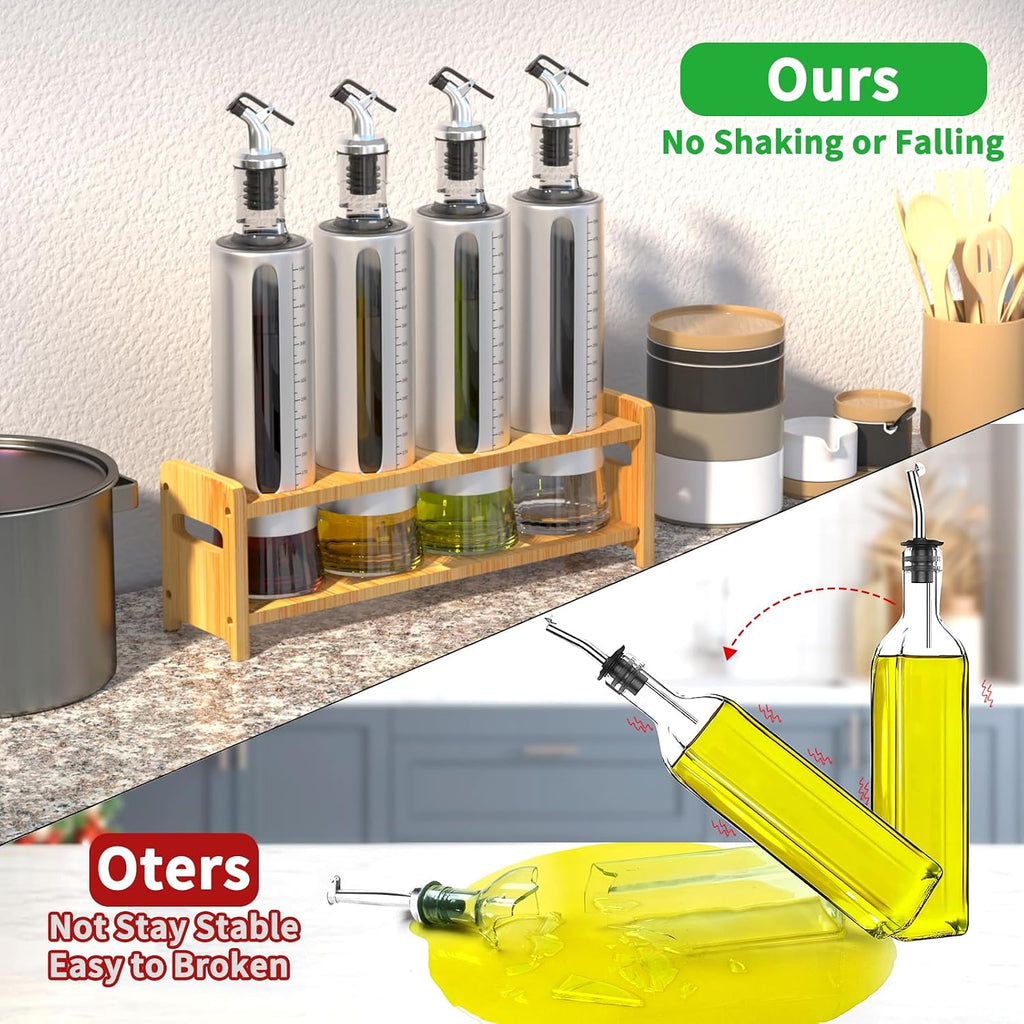 Oil Dispenser Bottle, 4 Pack Glass Olive Oil Dispenser Bottle with Shelf, 17oz/500 ml Oil and Vinegar Dispenser Set - Set of 4