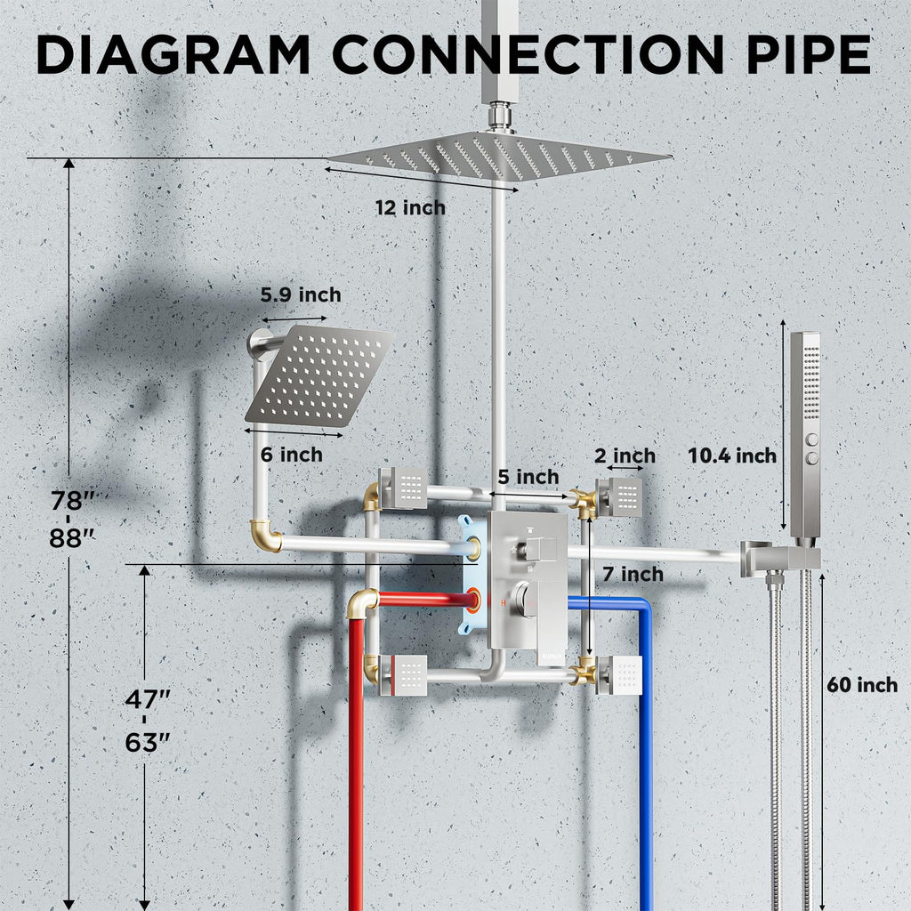 Rainfall Shower System with 4 Body Spray Jets, 4 Way 12 + 6"Rainfall Shower Head with Handheld Combo, Shower Jets