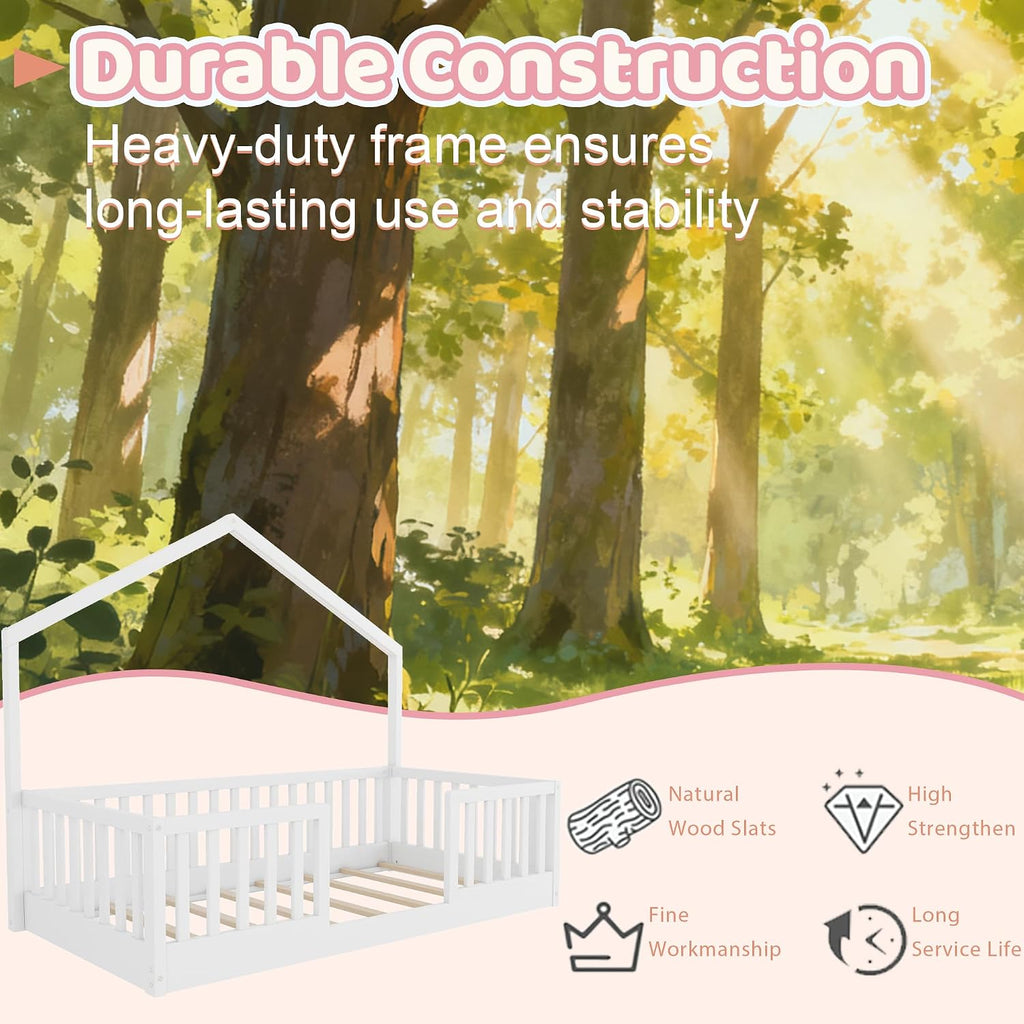 Montessori House Floor Bed with High Rails and LED Light, White