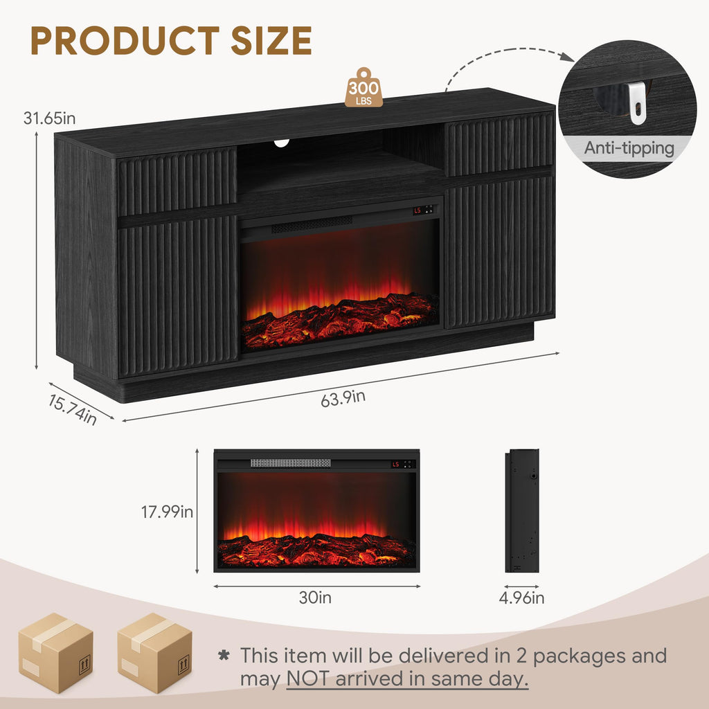 64" Fluted Fireplace TV Stand with 30" Electric Fireplace, Black