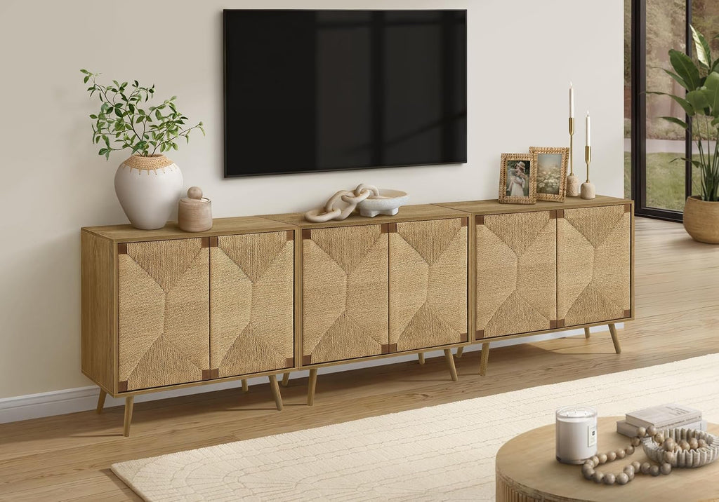 I 2729 Accent Chest, 36" Wide, 2 Door Cabinet, Storage, Decorative, Light Walnut Laminate, Seagrass-Look, Mid Century