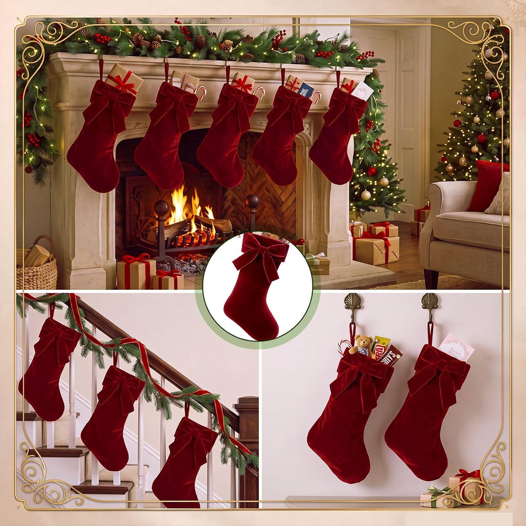 Christmas Mini Stockings 9 Inches Burgundy Velvet Stocking with Bow - Set of 12