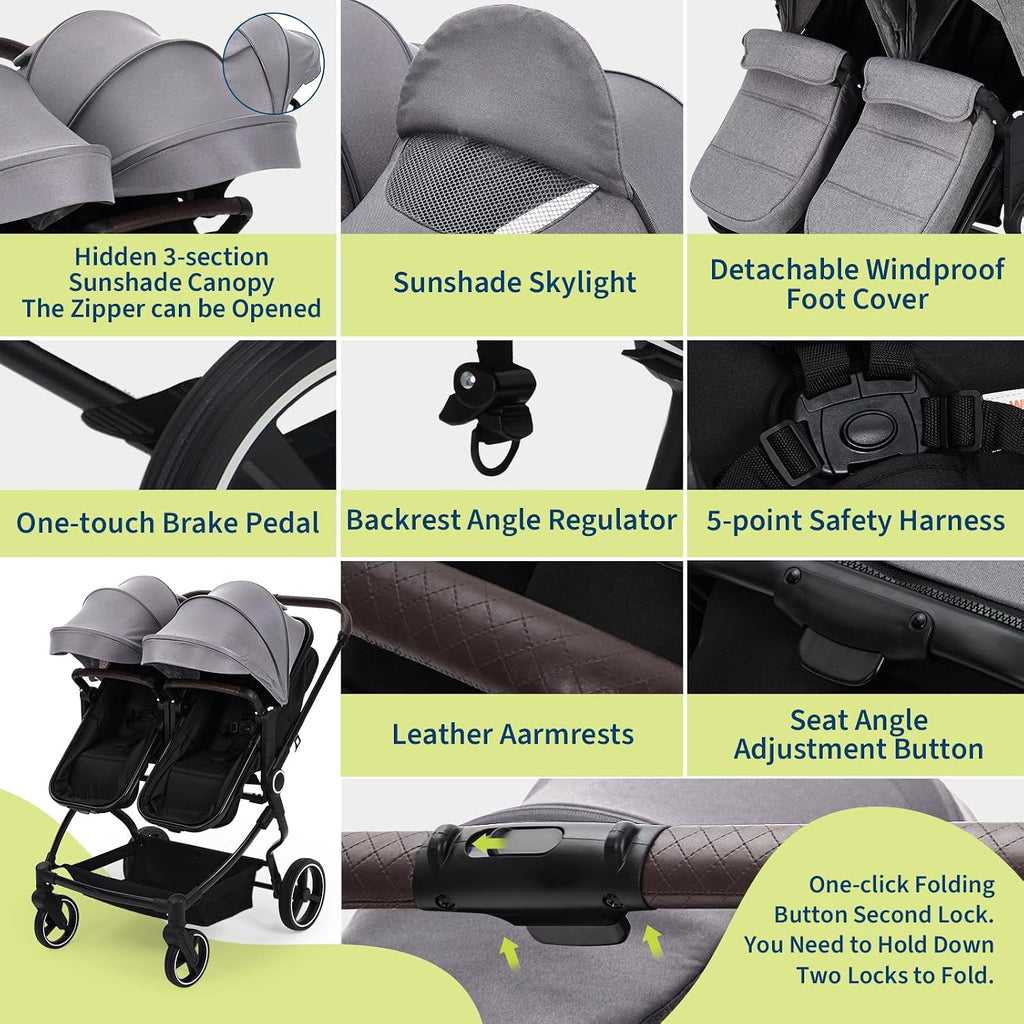 Side by Side Double Stroller for Twins, Lightweight Compact Foldable Baby Travel Stroller with High Landscape Seat