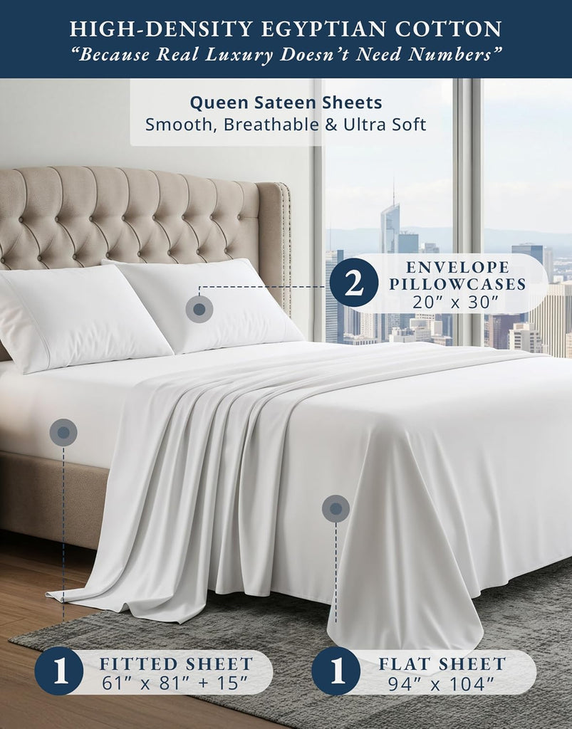 100% Egyptian Cotton Sheets Queen - Naturally Cooling & Breathable 4 Piece Silky Sateen Weave Queen Sheet Set