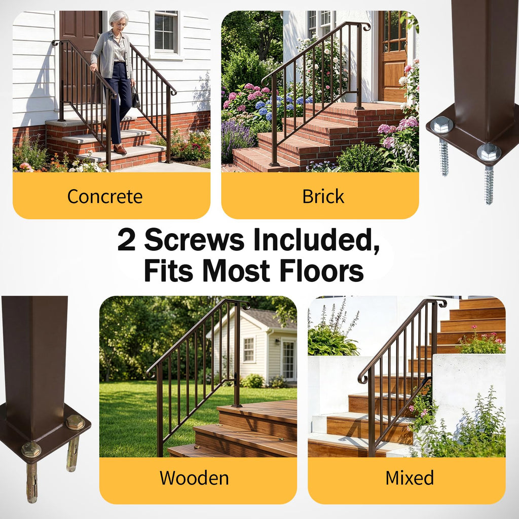 4 Step Handrails for Outdoor Steps, Galvanized Steel Stair Railing Fits 3 or 4 Steps, Metal Hand Railing with