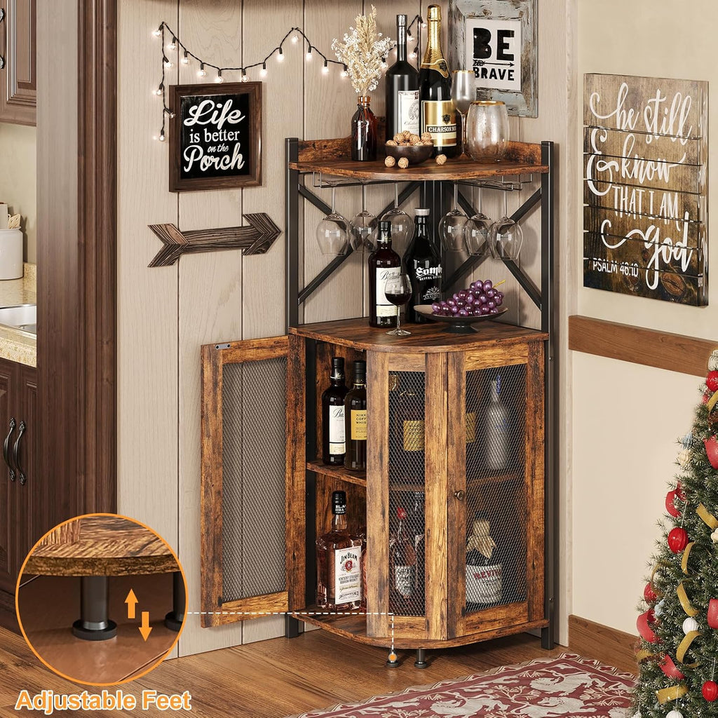 Corner Bar Cabinet with LED Lights,Industrial Wine Cabinet with Glass Holder,4-Tier Wine Cabinet with Door and