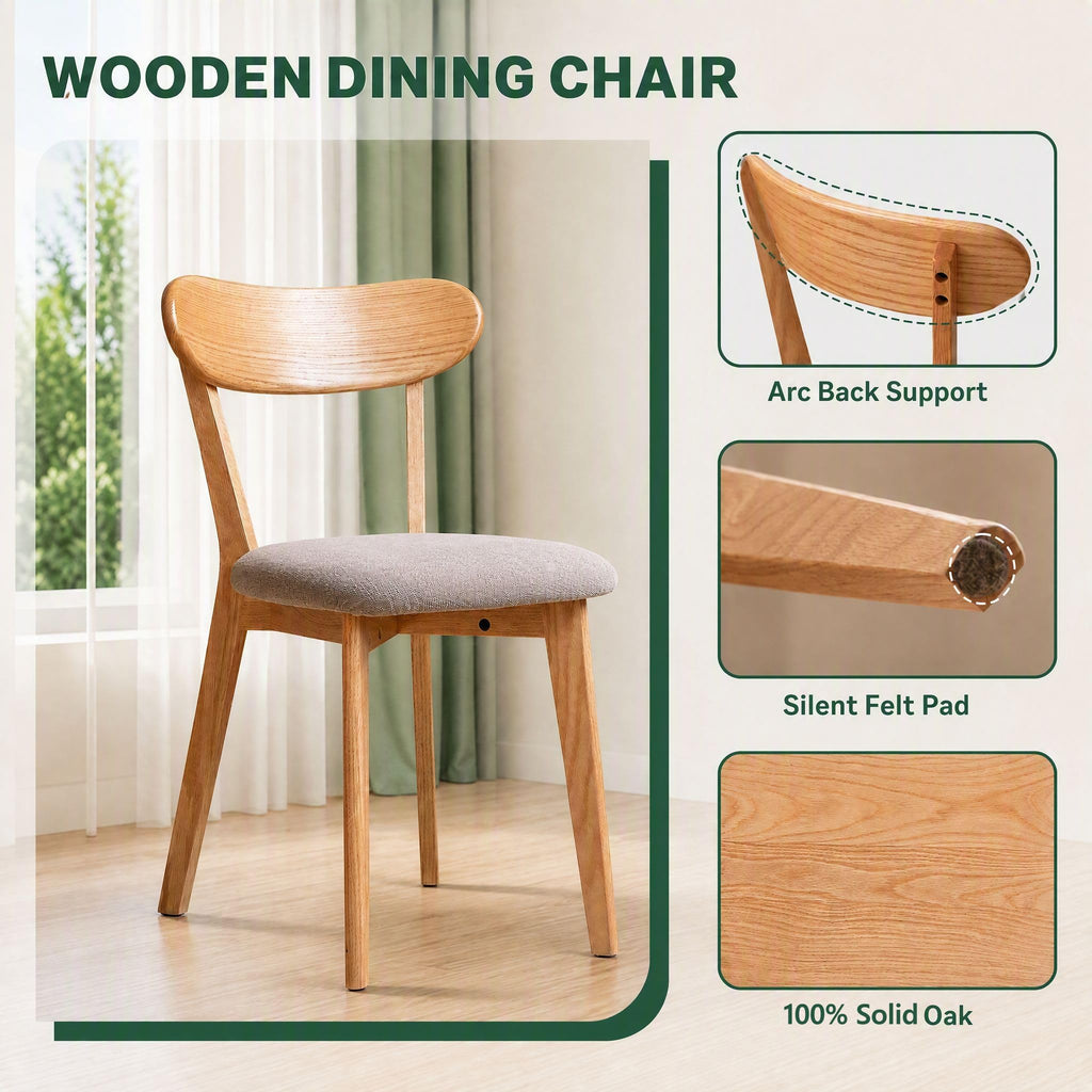 100% Solid Oak Dining Chairs, Mid Century Modern Dining Chair with Curved Backrest, Fabric Upholstered Dining Chairs