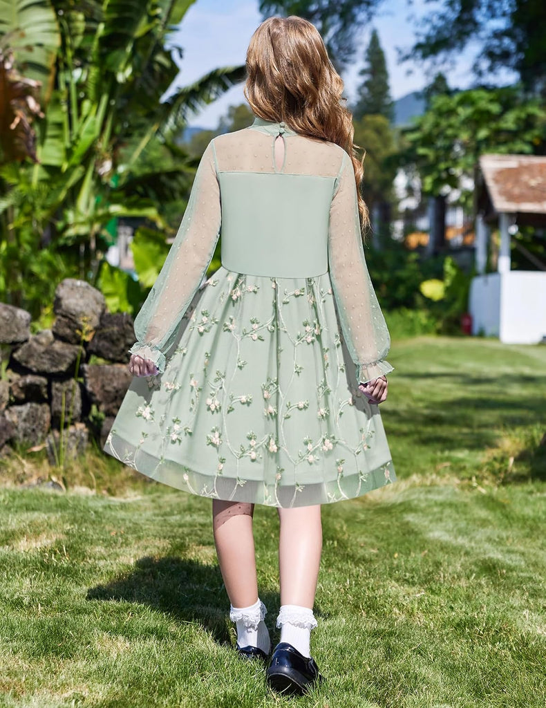 Girls Dresses Contrast Mesh Puff Long Sleeve Formal Party Dress