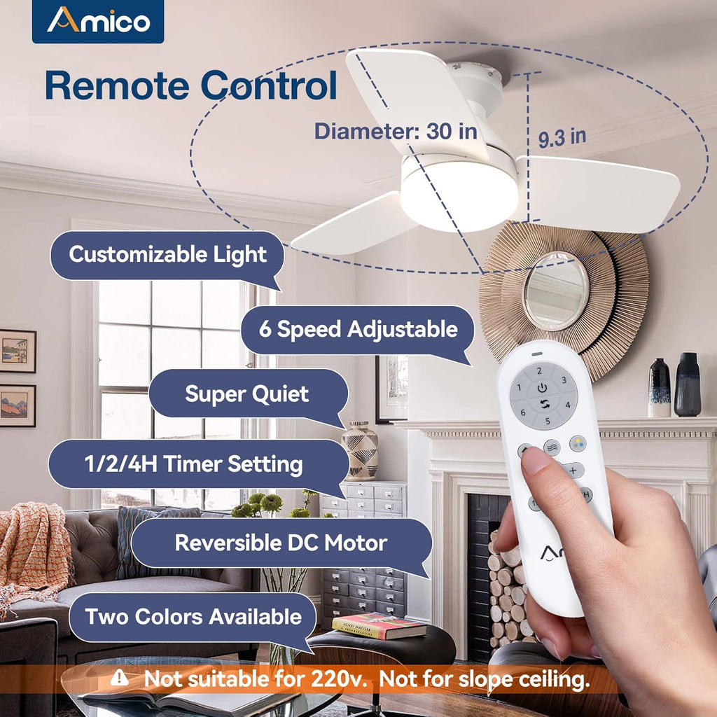 Ceiling Fans with Lights, 30 inch Low Profile Ceiling Fan with Light and Remote Control, Flush Mount, Reversible, 3CCT, Dimmable, Noiseless, White Ceiling Fan for Bedroom, Indoor/Outdoor Use A102-B0C61KD6TL